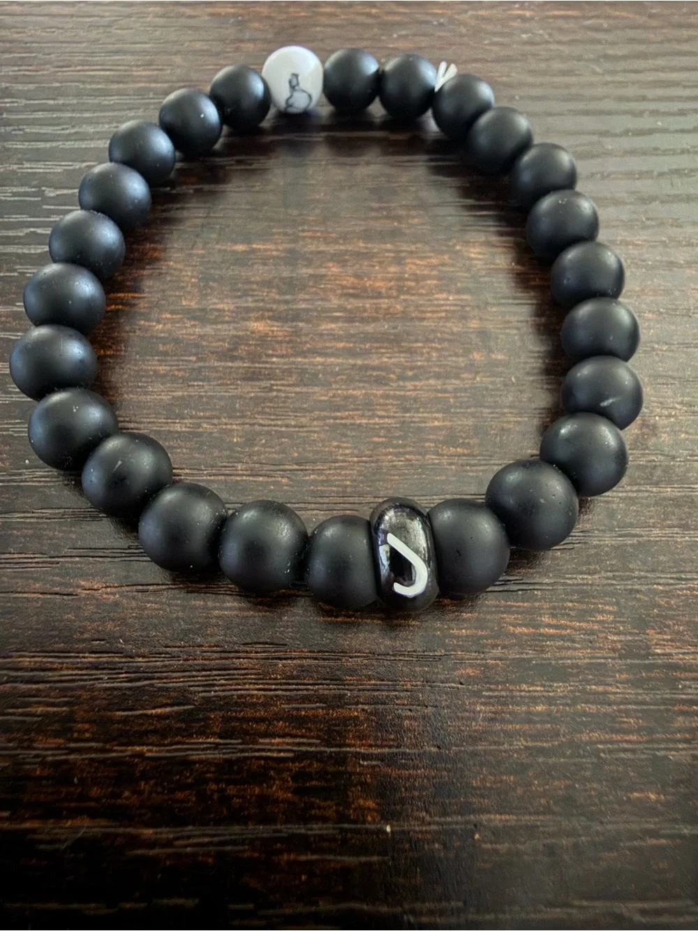 Matte Black Beaded Stretch Bracelet with White Marbled Accent